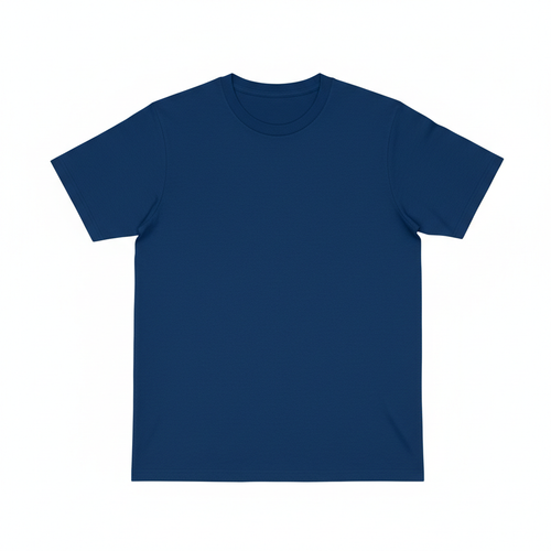 A clean product photo of a blue T-shirt on a white background